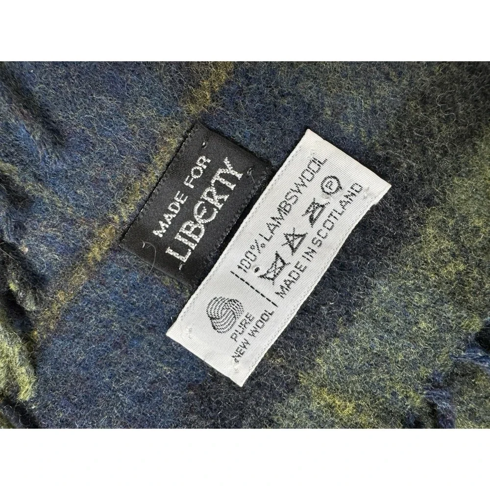 Liberty London 100% Lambswool Scarf Made In Scotland Plaid Fringe  Blue/Green
